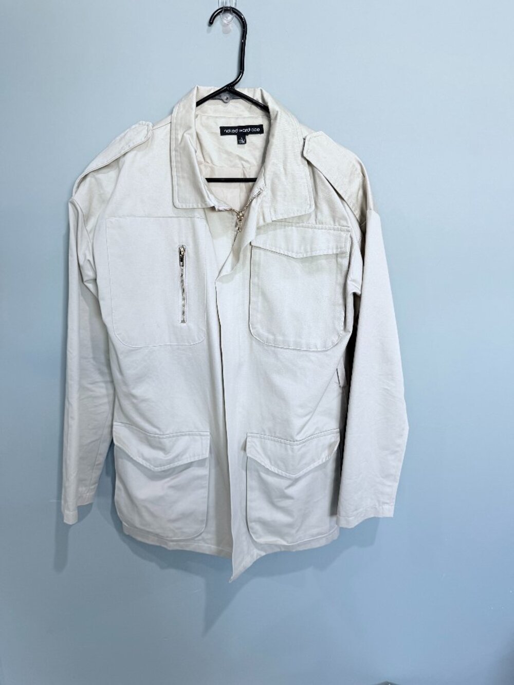 Naked Wardrobe Cream White Utility Cargo Jacket Zip Front